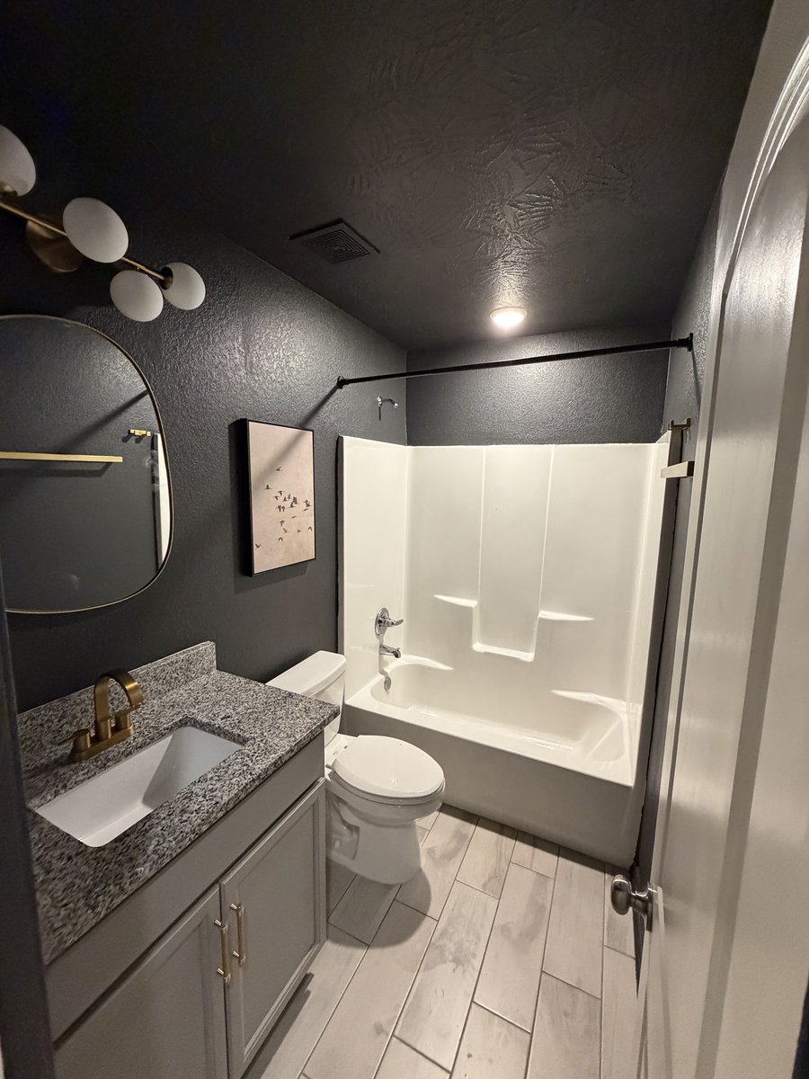 Powder room after — charcoal walls, gold fixtures, designer mirror