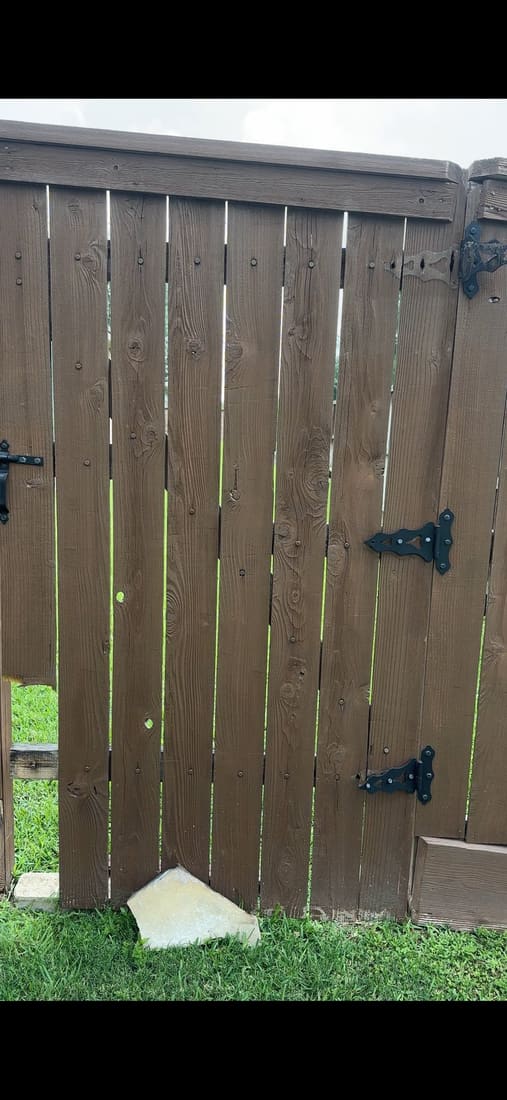 Original cedar gate — weathered finish, old hinges